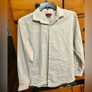 Alfani Mens Fitted Button Down Dress Shirt White With Tiny Red and Blue Stripes